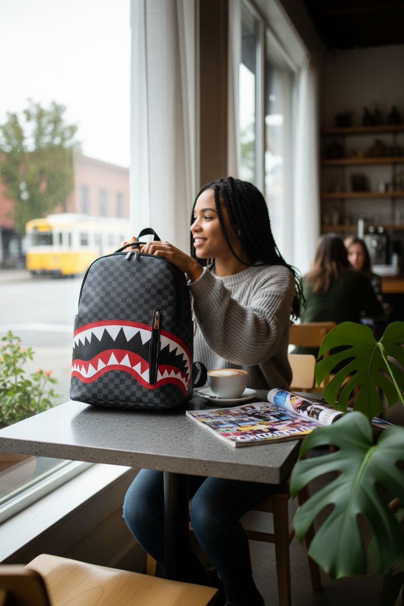 Grey PU leather backpack by Generic placed on a café table, perfect for work and leisure.