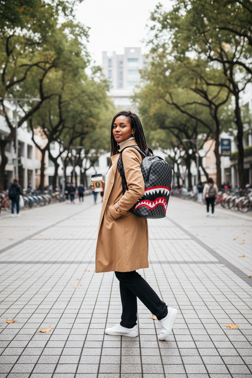 Grey 16" Premium PU leather backpack by Generic on an urban campus, stylish and functional.