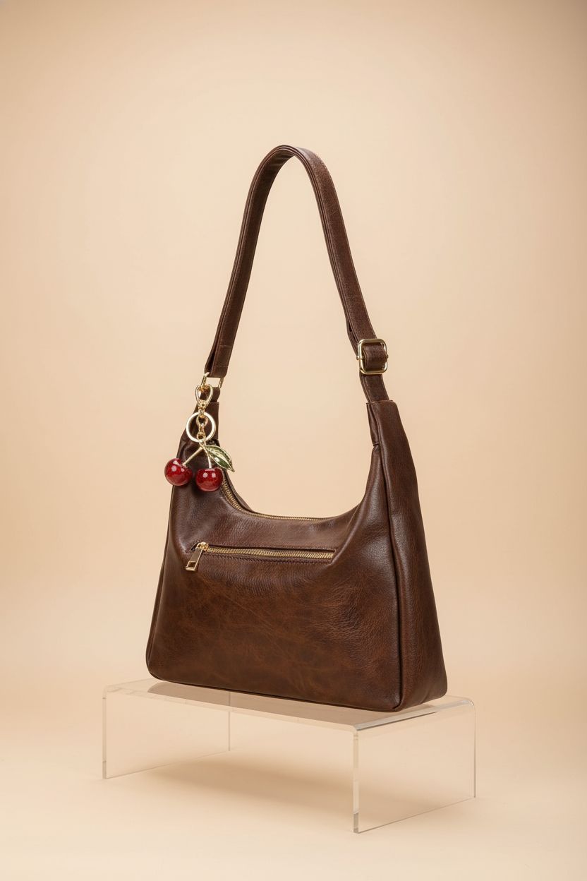 Close-up of GEPAPE dark brown vegan leather handbag showcasing its quality craftsmanship and design.