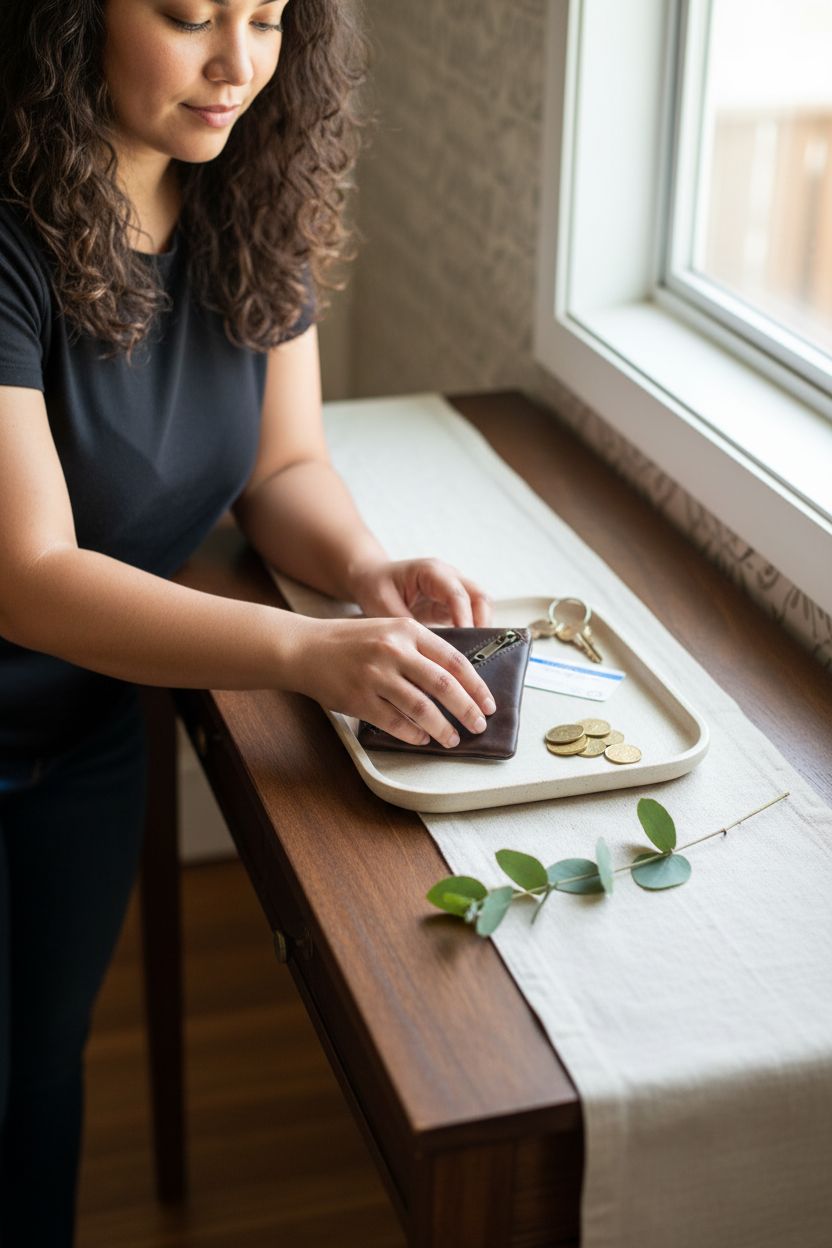 MILITARIA STUFFS leather coin pouch resting on a console tray with keys and a bowl.