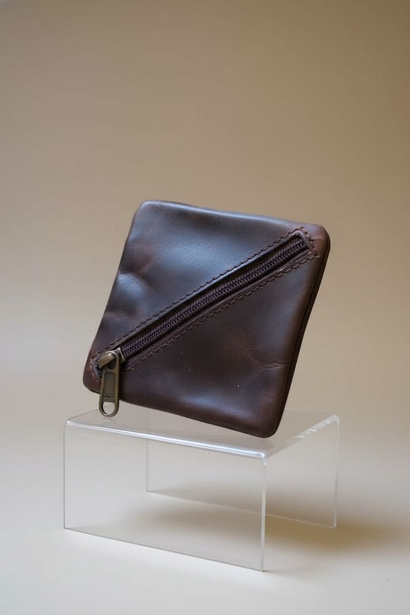 Detailed view of MILITARIA STUFFS leather coin pouch showcasing its craftsmanship and zipper.