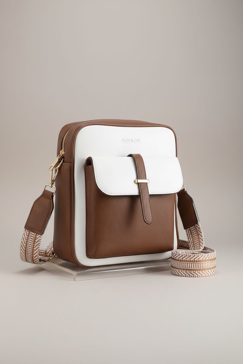 GOIACII leather crossbody bag showcased on an acrylic riser, emphasizing its craftsmanship and chic design.