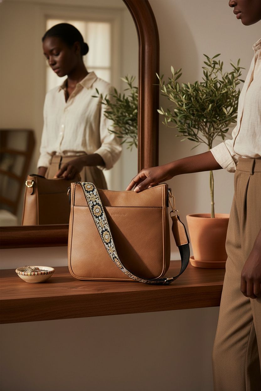 BOSTANTEN vegan leather crossbody bag on a walnut table, capturing a serene morning vibe