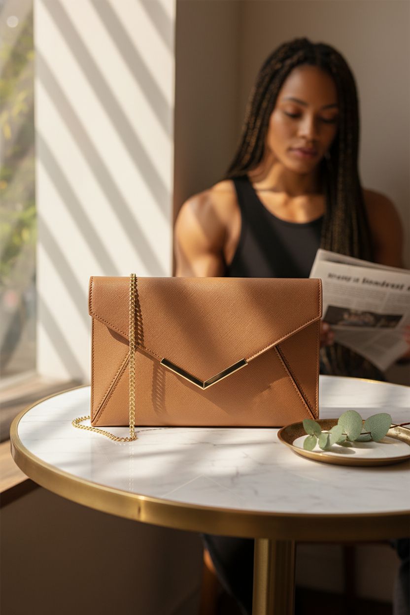 DEXMAY leather envelope clutch atop marble table in a cozy café setting.