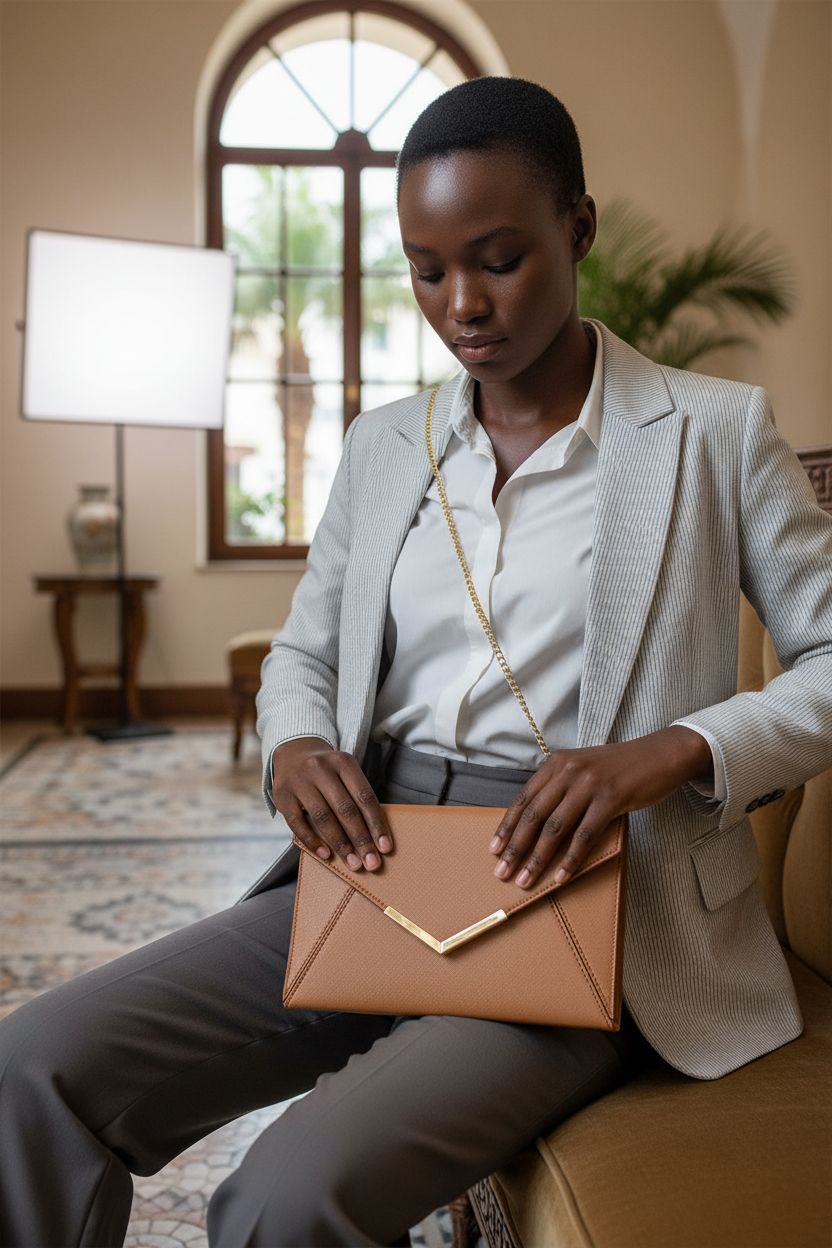 DEXMAY saffiano leather envelope clutch in warm brown, ideal for chic looks.