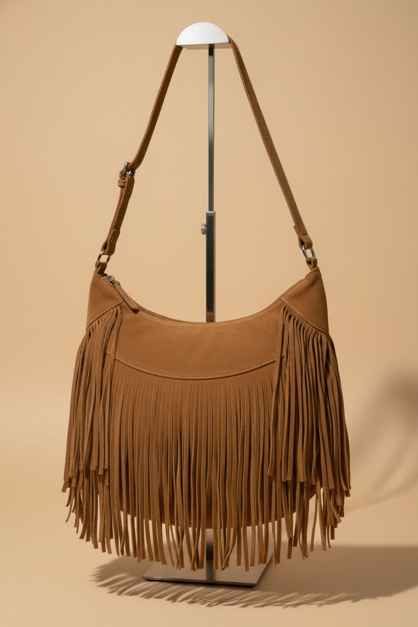 Sunwel Fashion brown leather fringe purse showcasing its design and suede texture on a seamless backdrop.