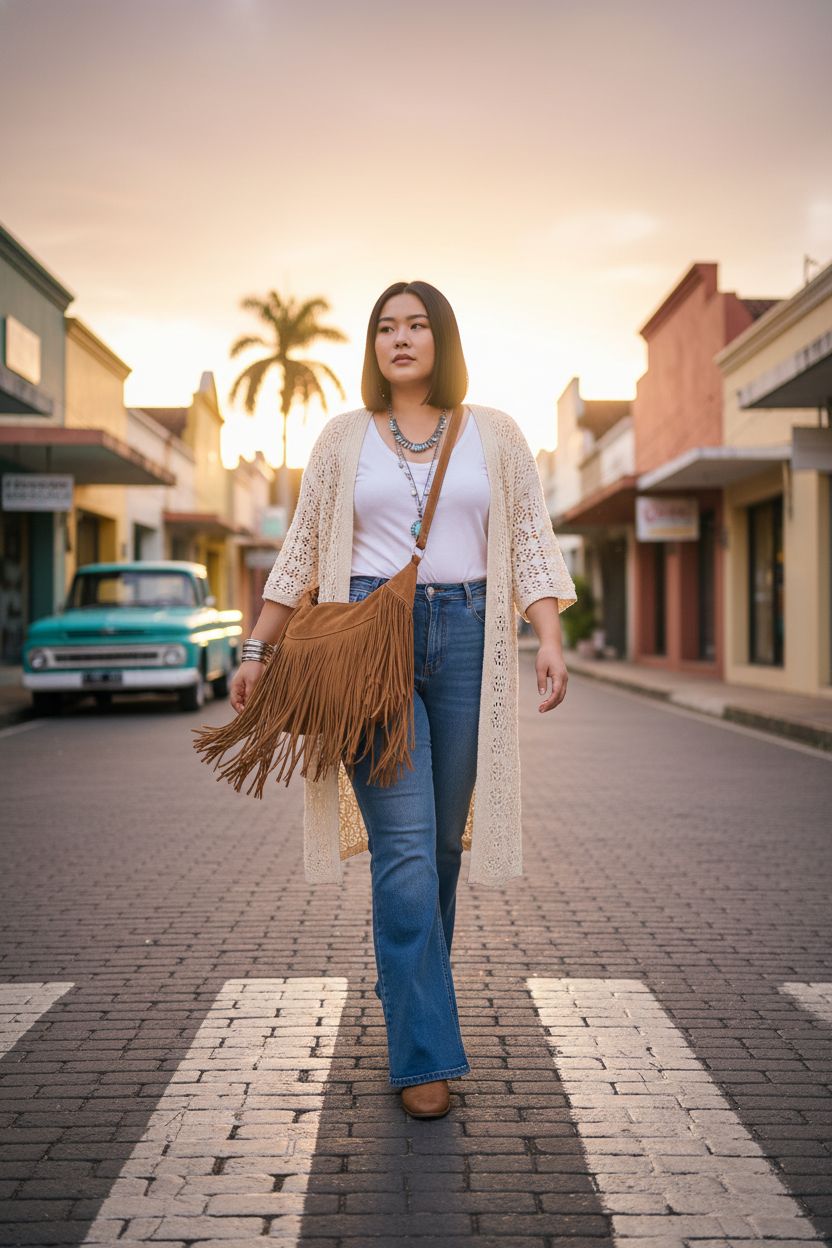 Brown leather fringe hobo bag by Sunwel Fashion against warm storefronts, showcasing boho style.