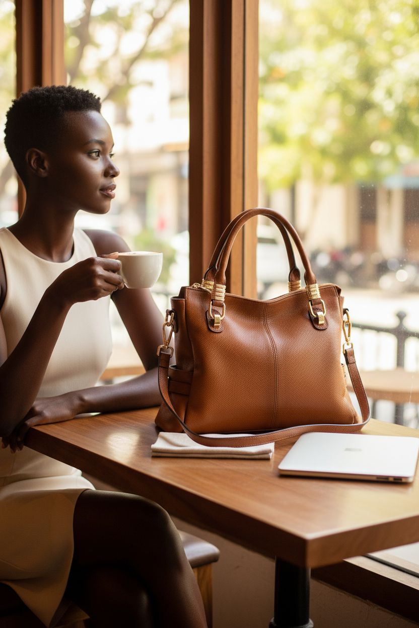 Kattee cognac leather bag on a cafe table, showcasing its versatility and style