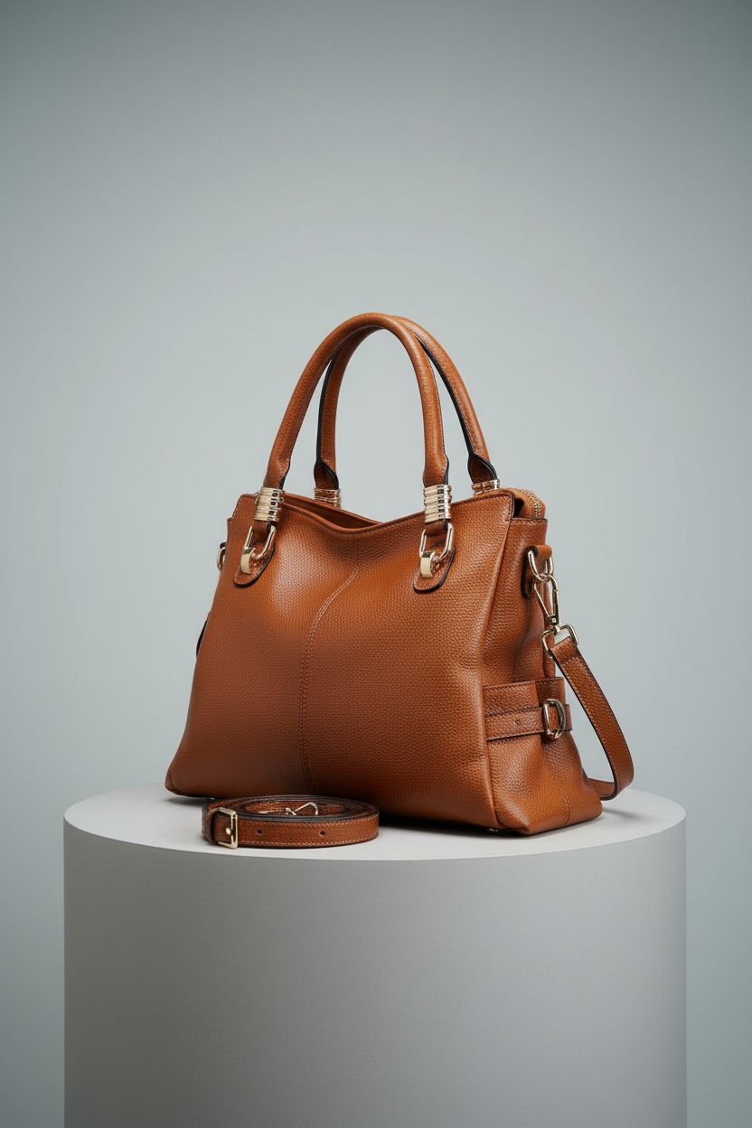 Kattee genuine leather handbag displayed on pedestal, highlighting craftsmanship