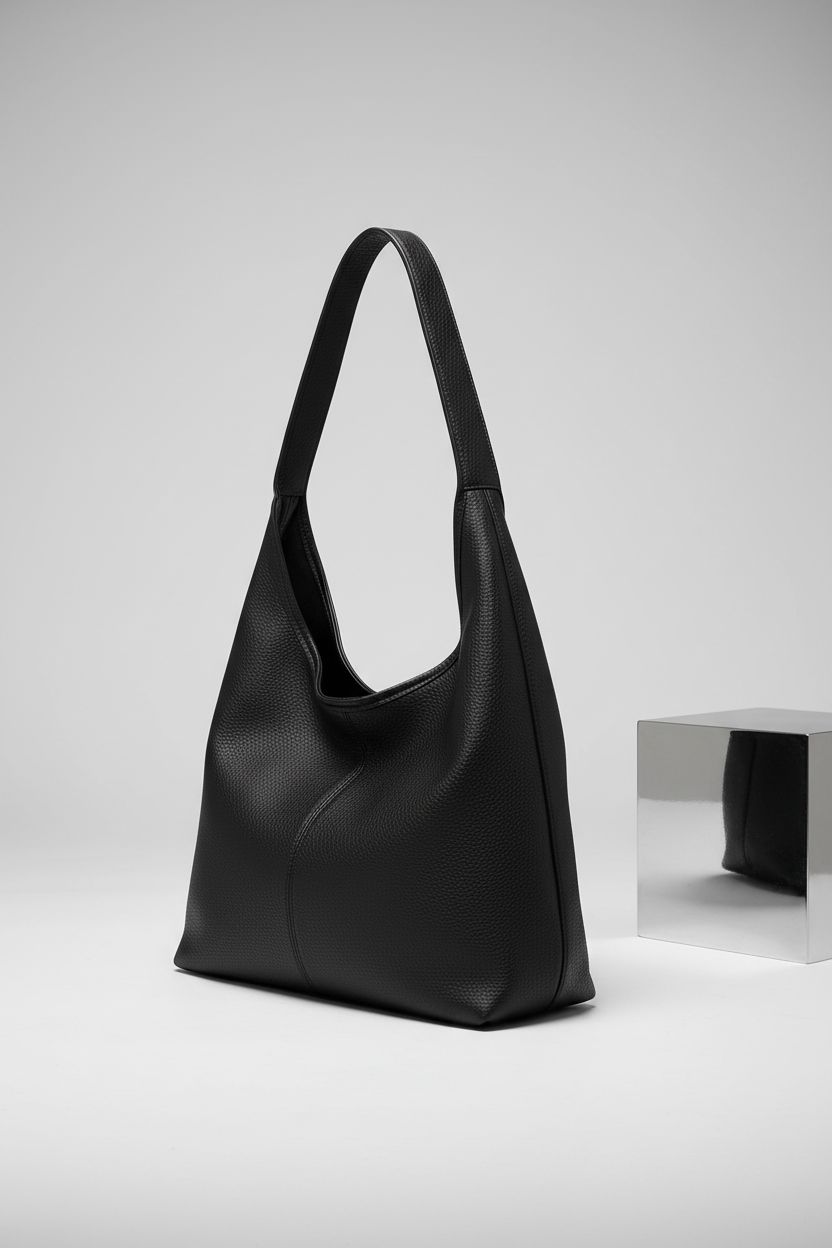CUNGGI black leather hobo bag showcased in a clean, modern studio setting