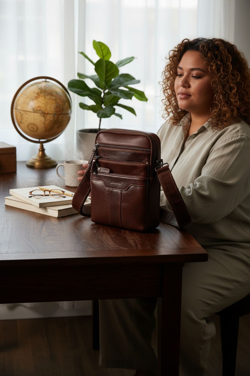 Ariscobull leather messenger bag beside a notebook and plant in a study nook.