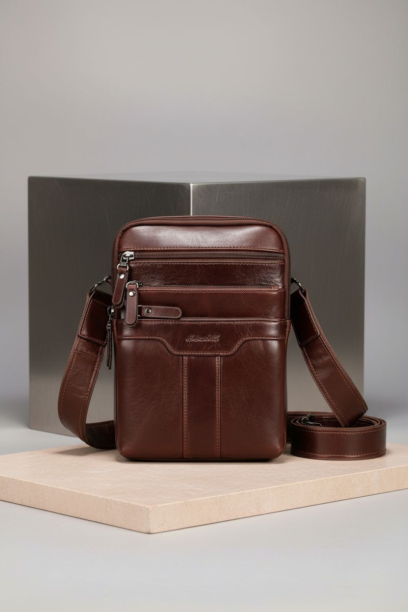 Ariscobull leather messenger bag highlighting craftsmanship on a clean stage.