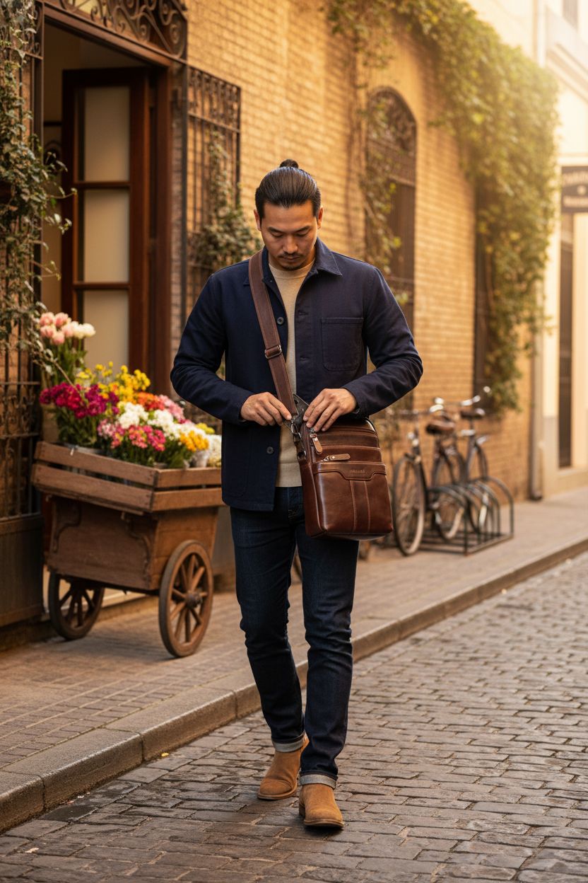 Ariscobull brown leather messenger bag worn crossbody in a cobblestone lane.