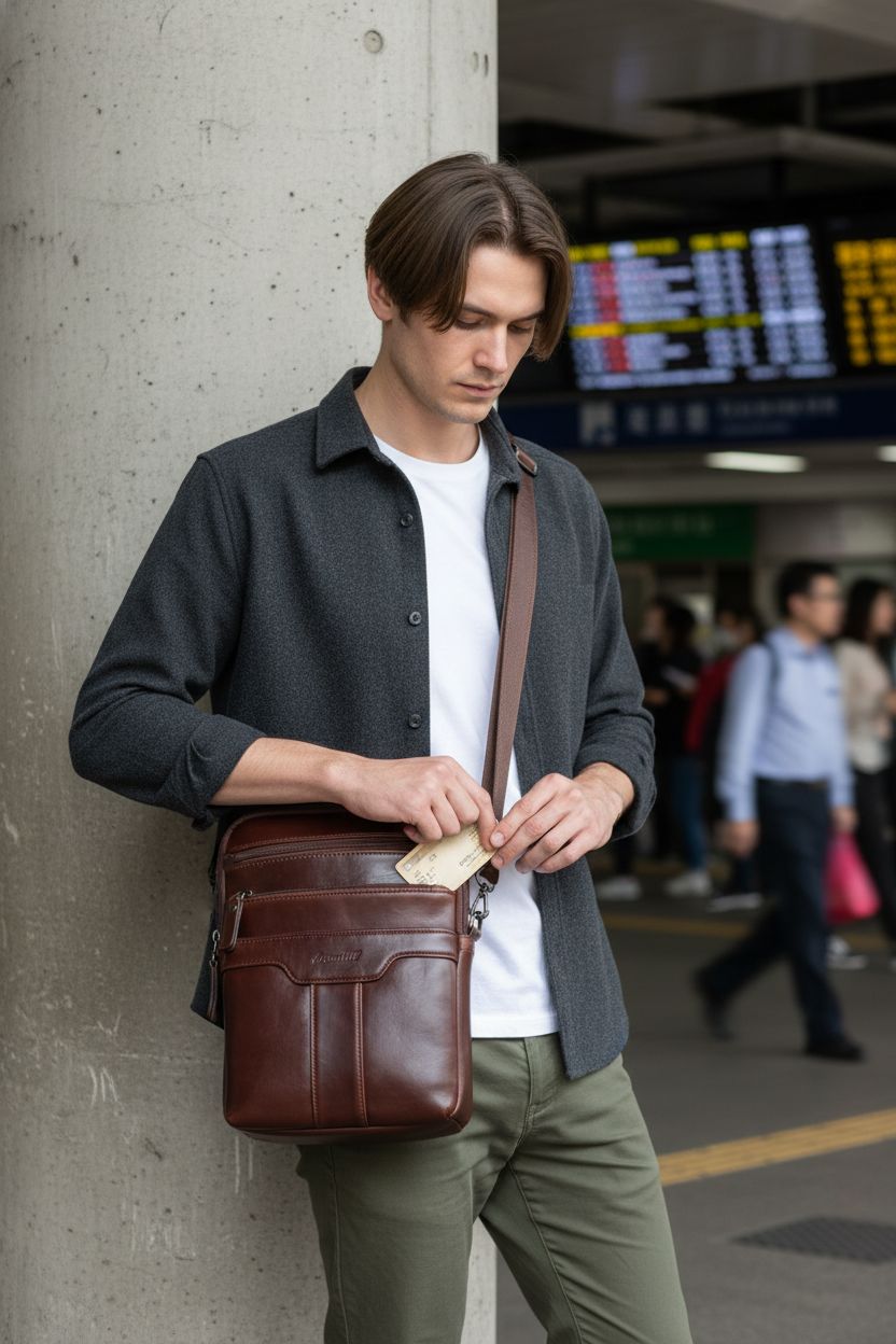 Ariscobull leather sling shoulder bag showcased near a commuter rail entrance.