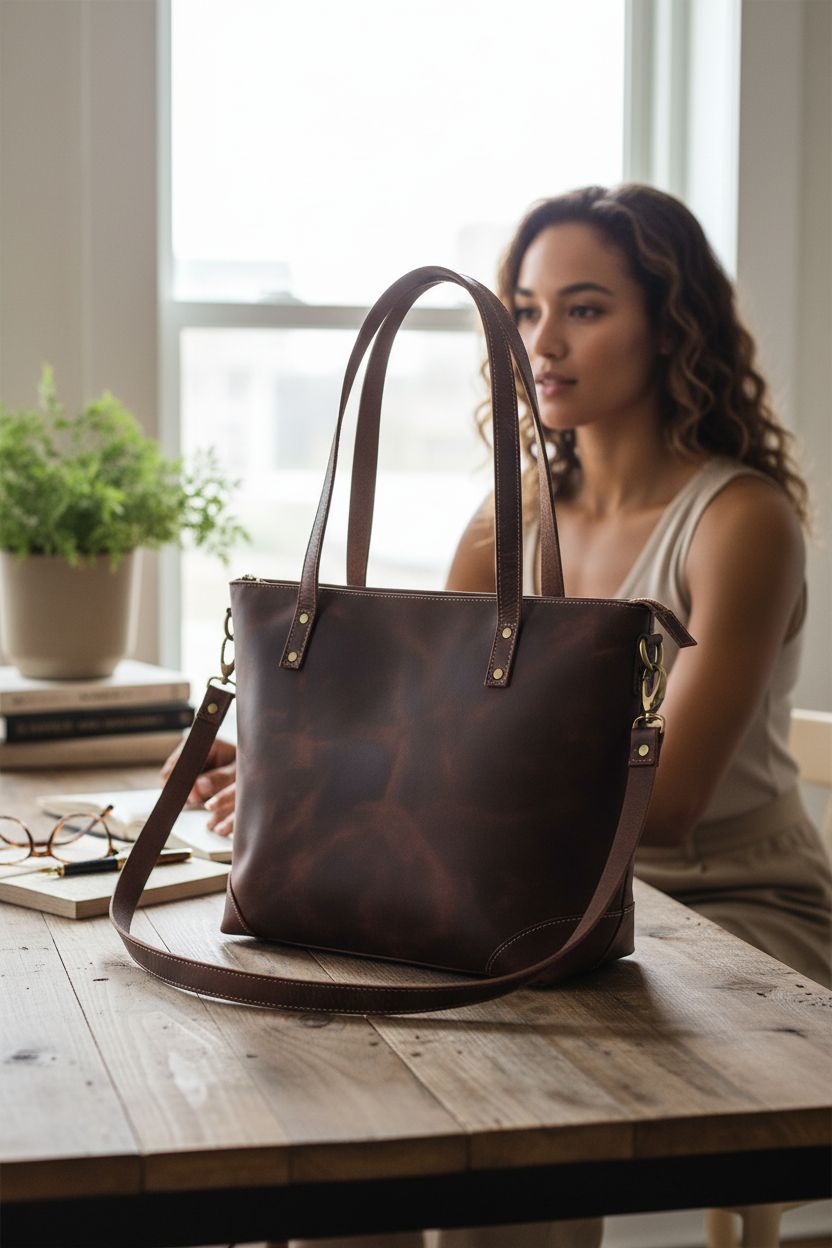 Eva Leather Tote Bag by THE LEATHER FARM, resting on a desk in a home office with books.