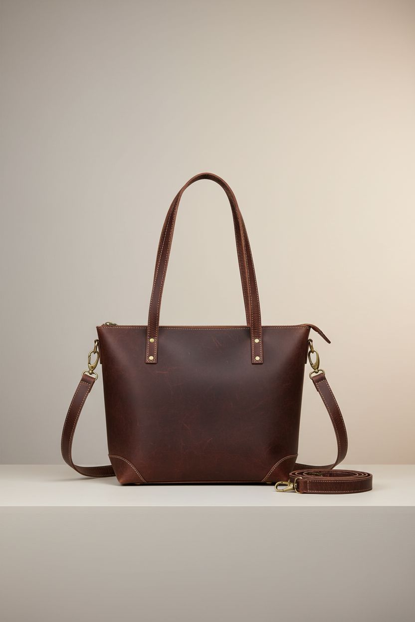 Eva Leather Tote Bag by THE LEATHER FARM, showcasing fine leather texture on a studio set.