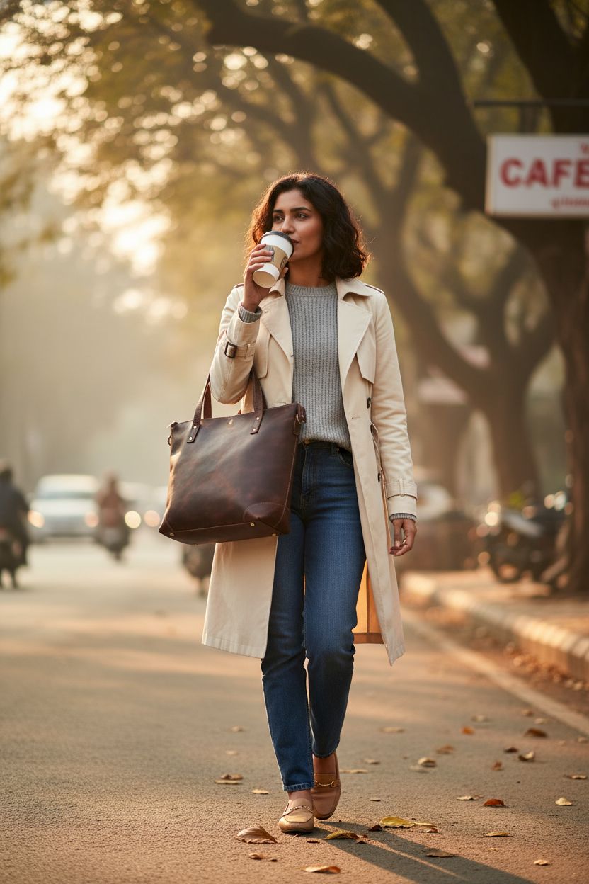 Eva Leather Tote Bag by THE LEATHER FARM, chocolate-brown with brass hardware, styled outdoors.