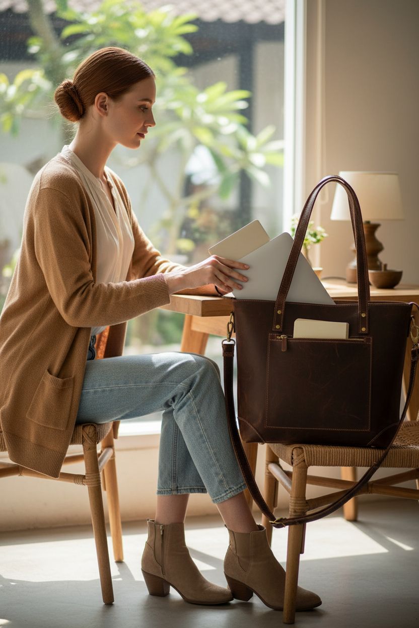 Eva Leather Tote Bag by THE LEATHER FARM, dark-brown handbag in a cozy cafe setting.