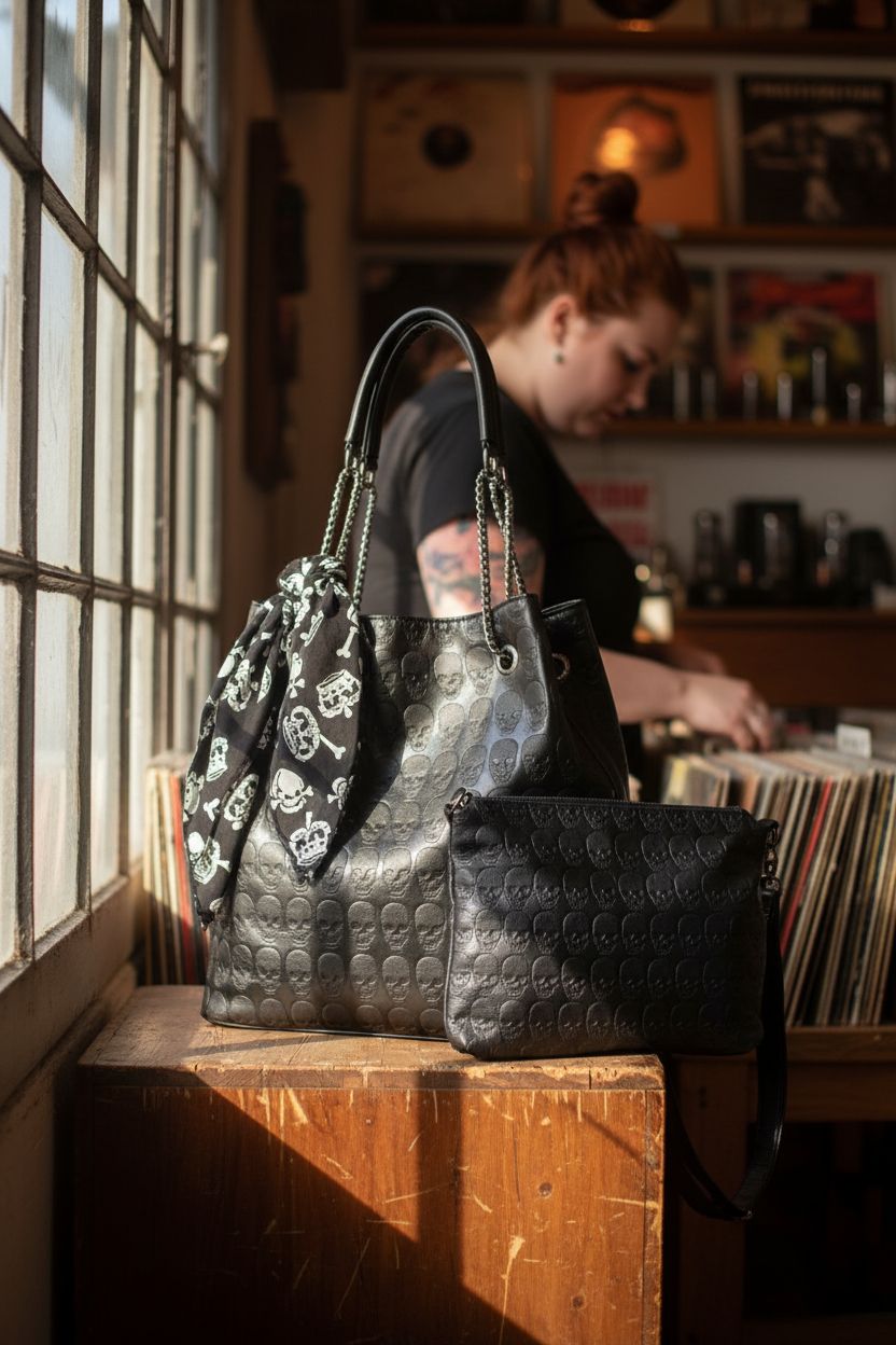 Cozy setting with Zuoge leather skull purse resting on record crate, ideal for music lovers and vintage vibes.
