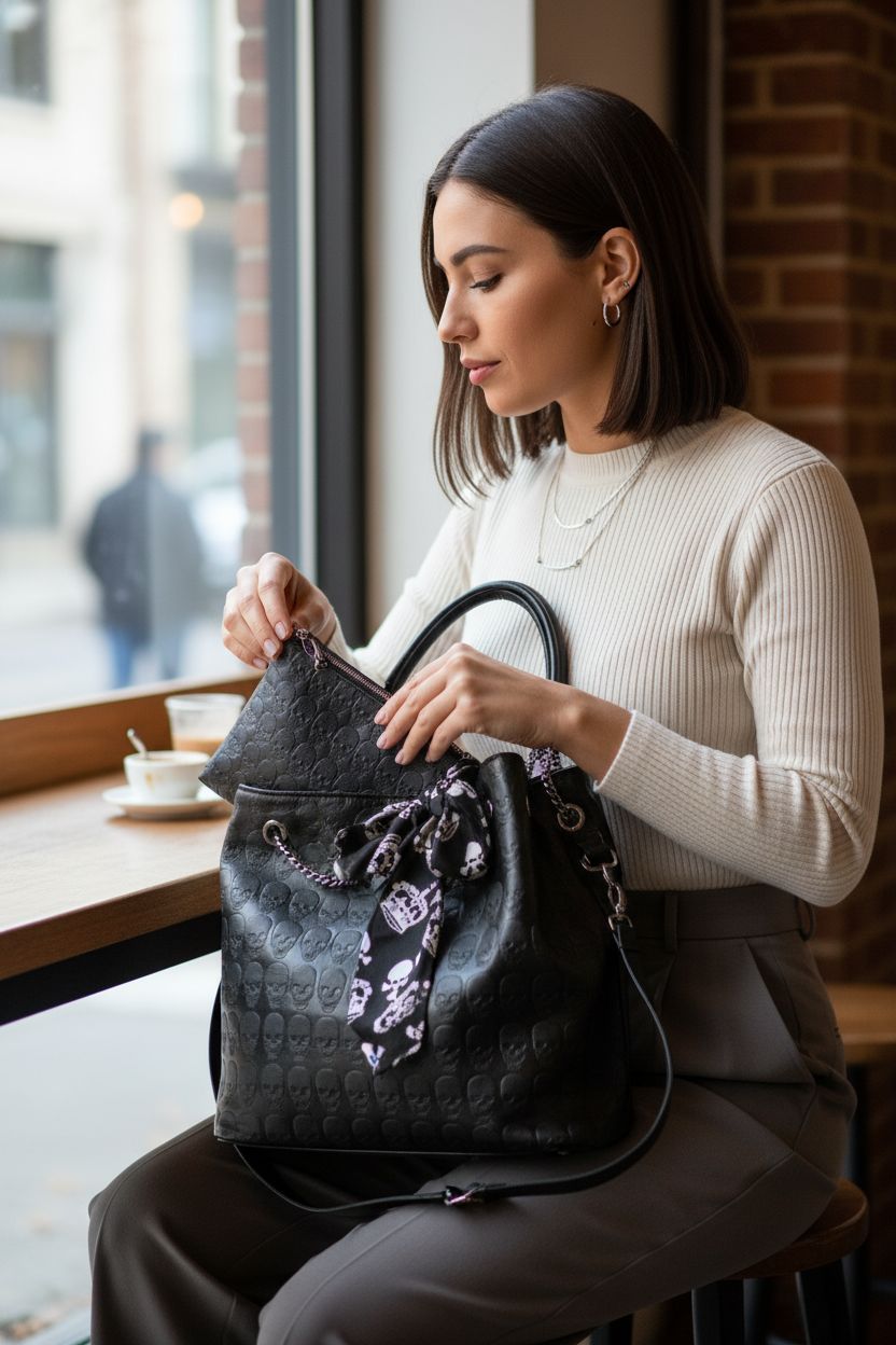 Zuoge hobo tote featuring embossed skull design, perfect for casual café outings or everyday use.