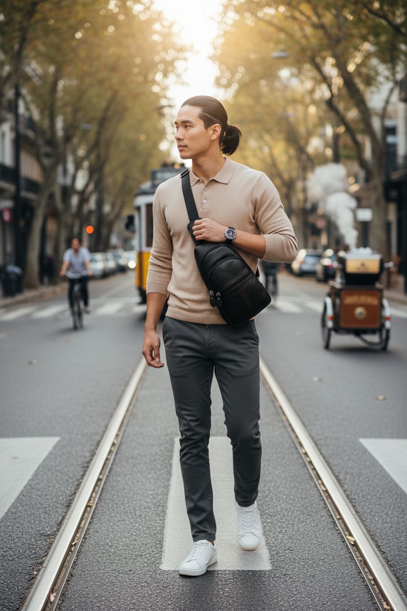 molshine black leather sling bag on a city street, perfect for urban professionals