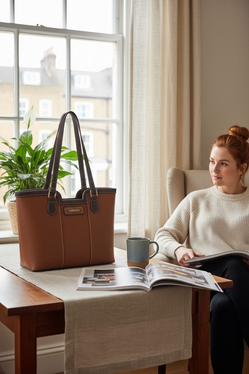 LuxeBold tote bag resting on a table in a cozy reading nook, evoking tranquility.