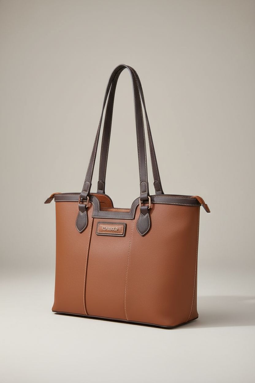 LuxeBold leather tote bag in a clean studio, highlighting its sleek vegan leather texture.