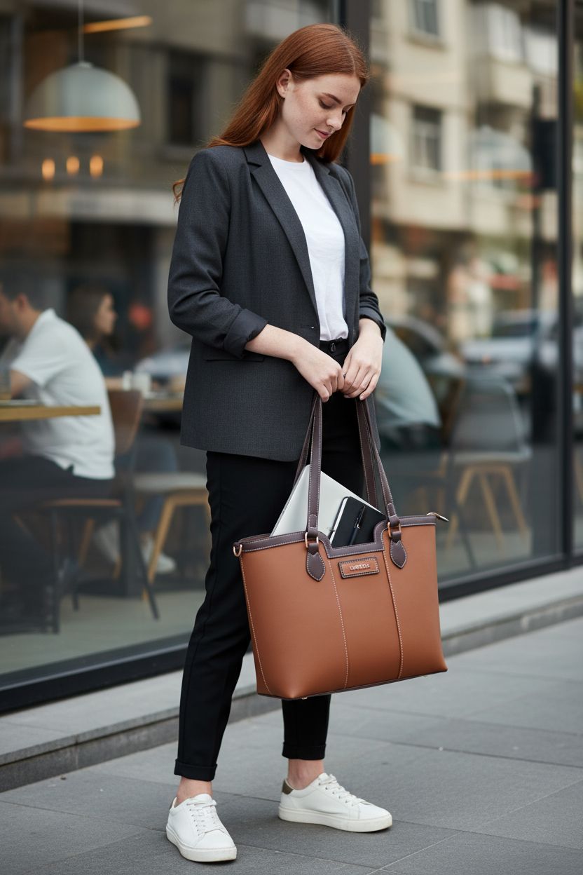 LuxeBold leather tote bag showcasing floral print, perfect for work or casual use.