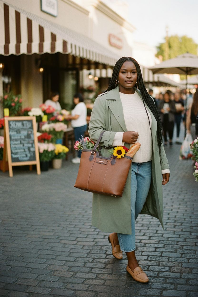 LuxeBold leather tote bag with flowers and baguette, ideal for market outings.