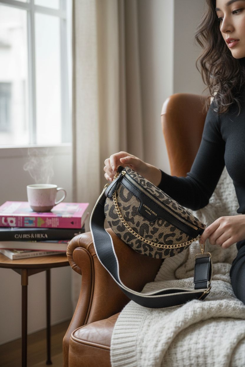 VTYFRY leopard crossbody bag resting in cozy reading nook with decor.