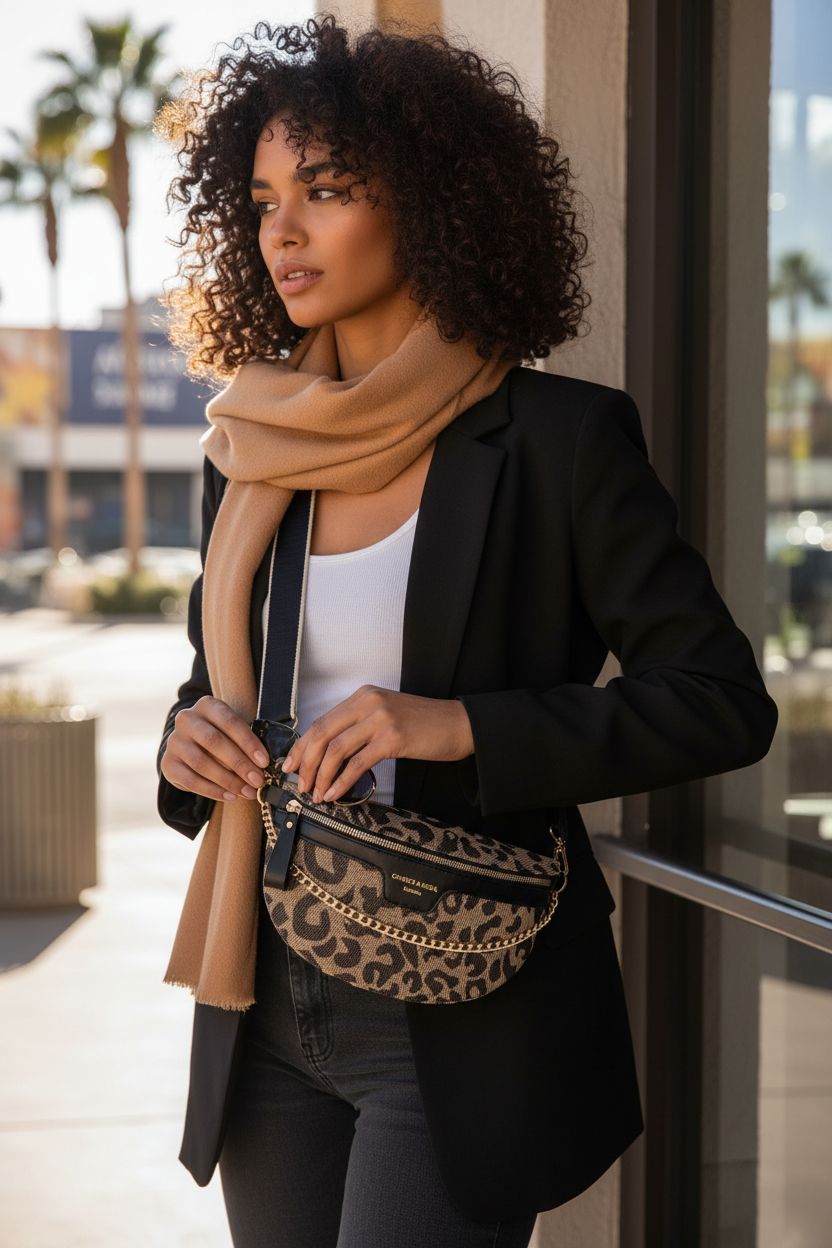 VTYFRY leopard crossbody bag styled with monochrome outfit at café.