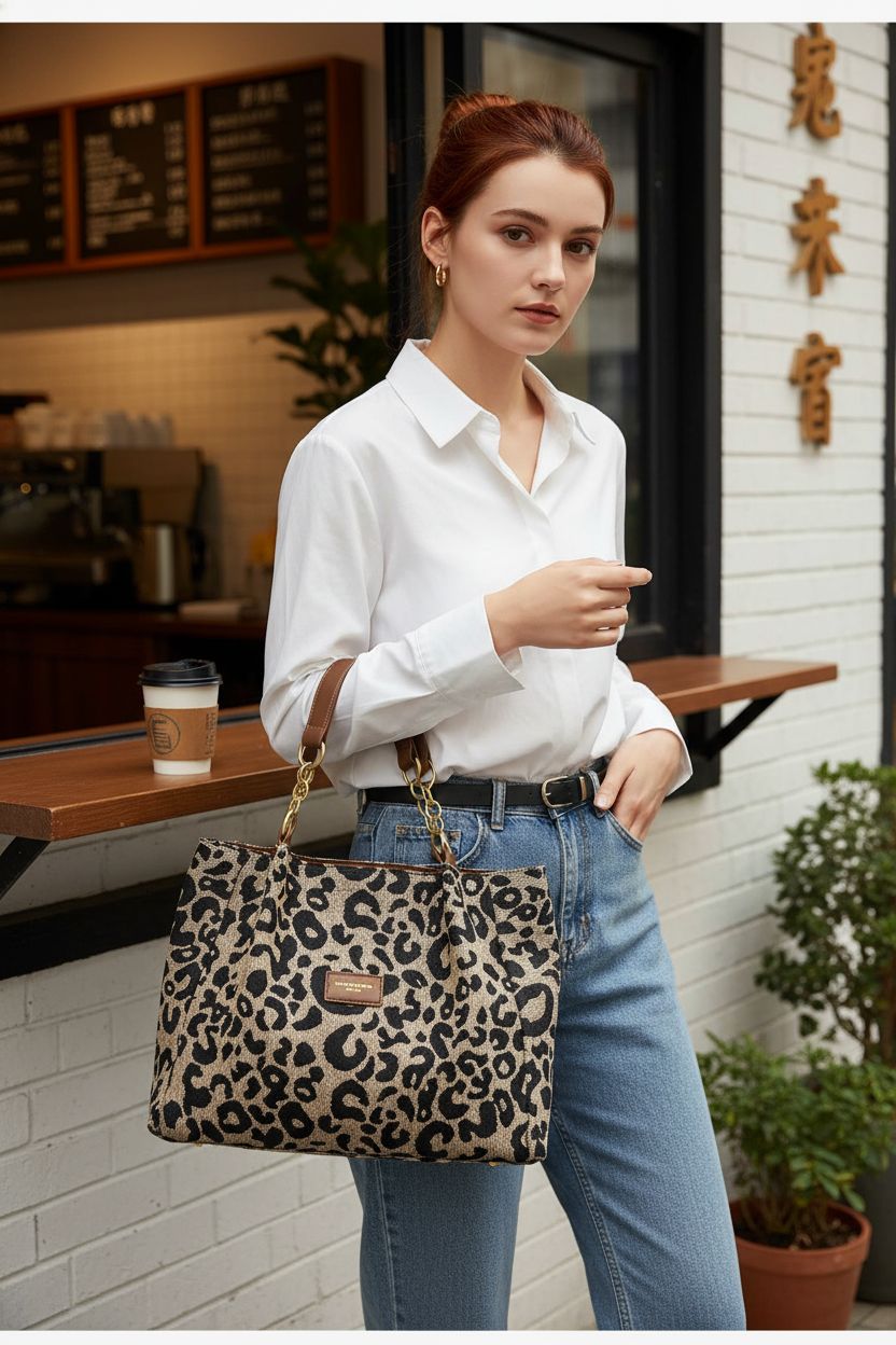 Leopard print tote shoulder bag by RRuinian, stylish canvas with chain strap in café setting.