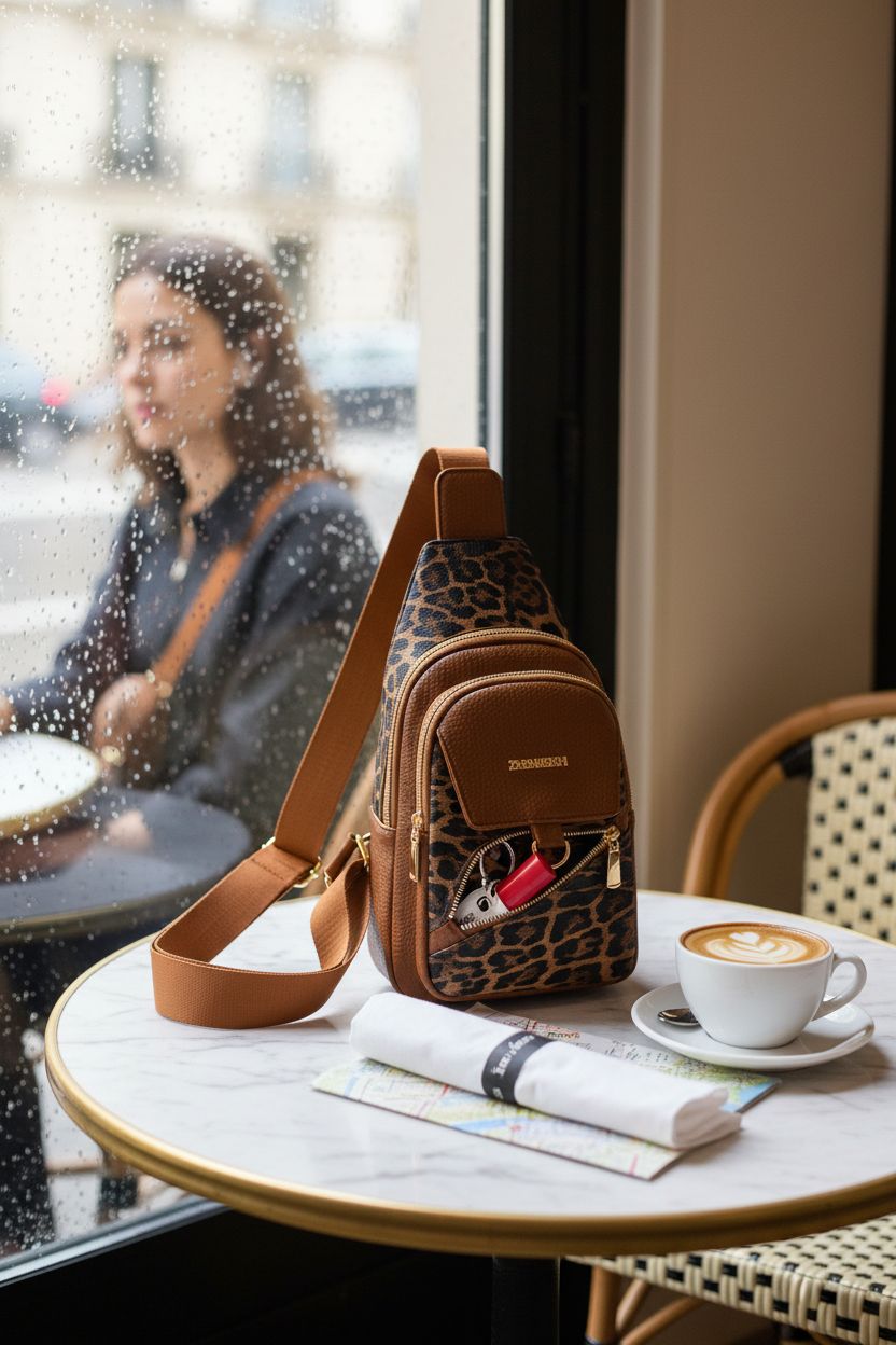 Relaxmate leopard sling bag on a marble table in a cozy café setting, showcasing water-repellent material.