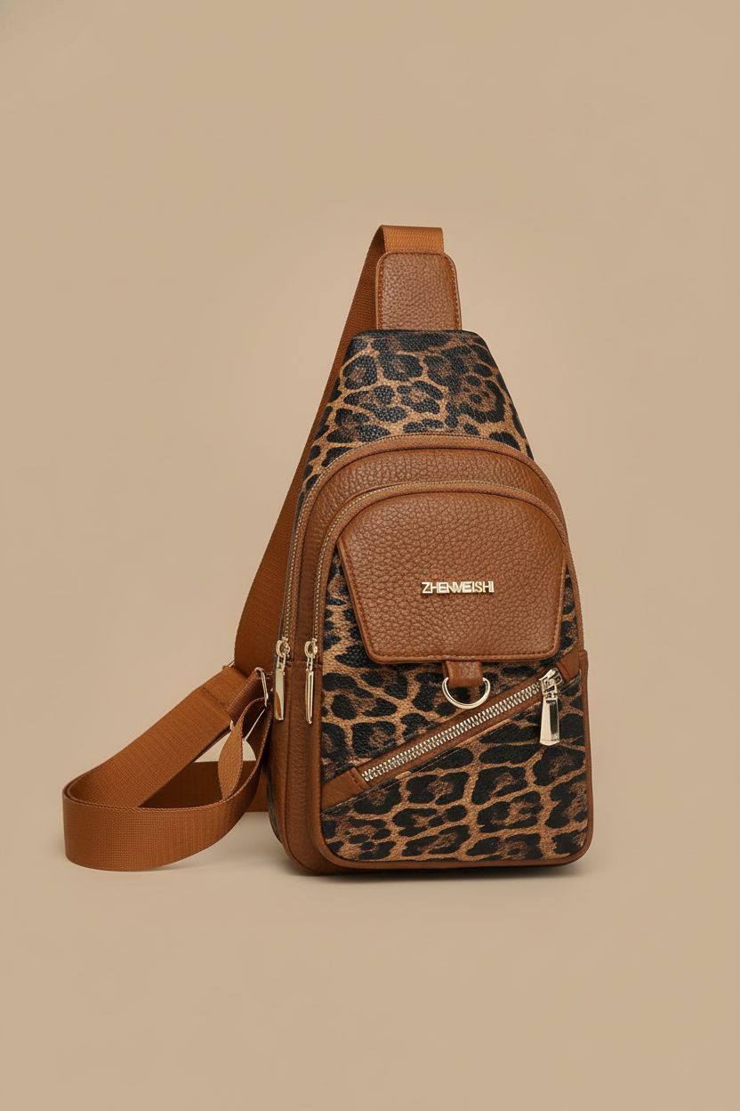 Relaxmate leopard purse in a studio, highlighting its multi-pocket design and adjustable strap.