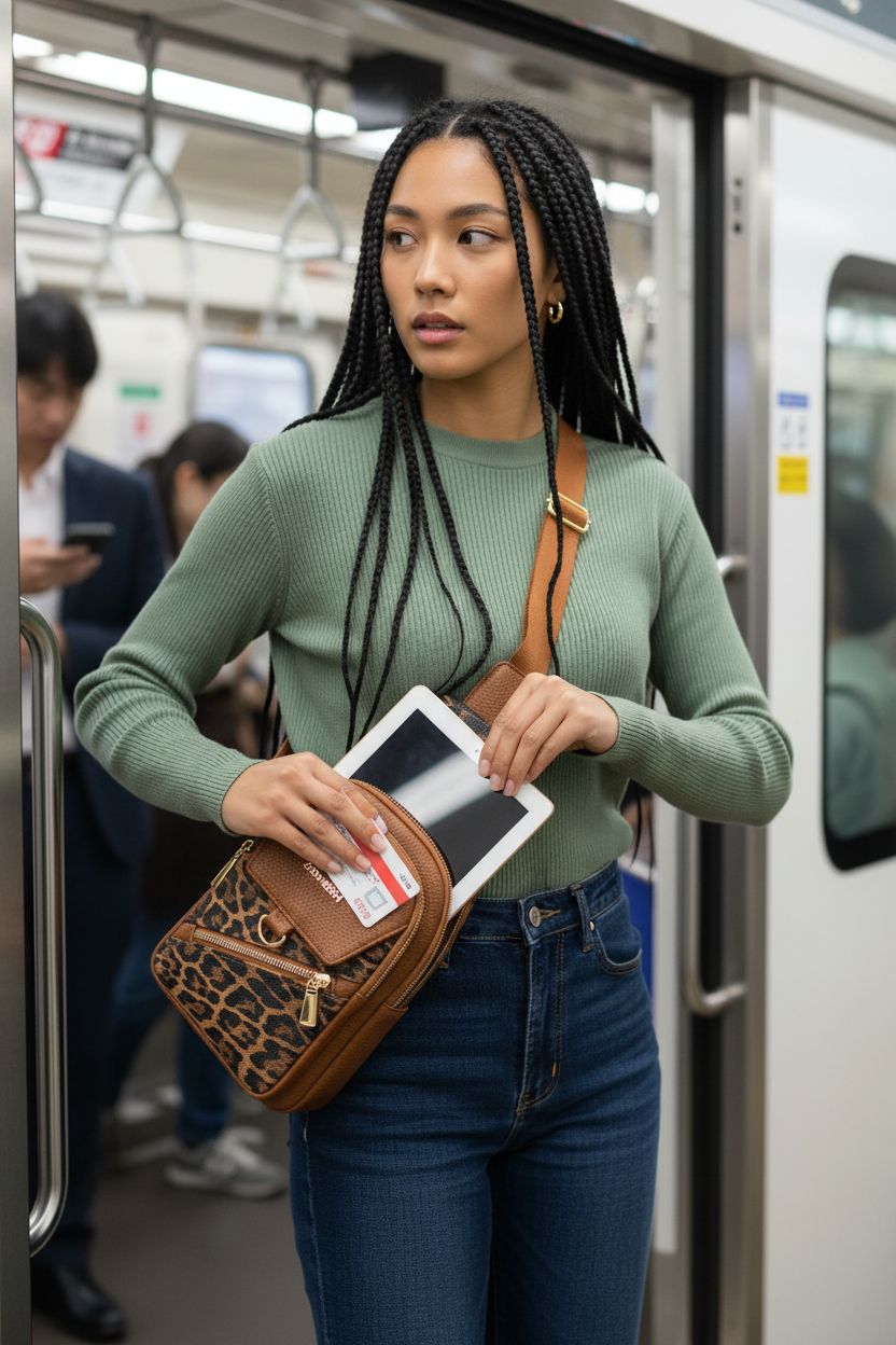 Leopard print sling bag by Relaxmate on a subway platform with tablet and zip pocket.