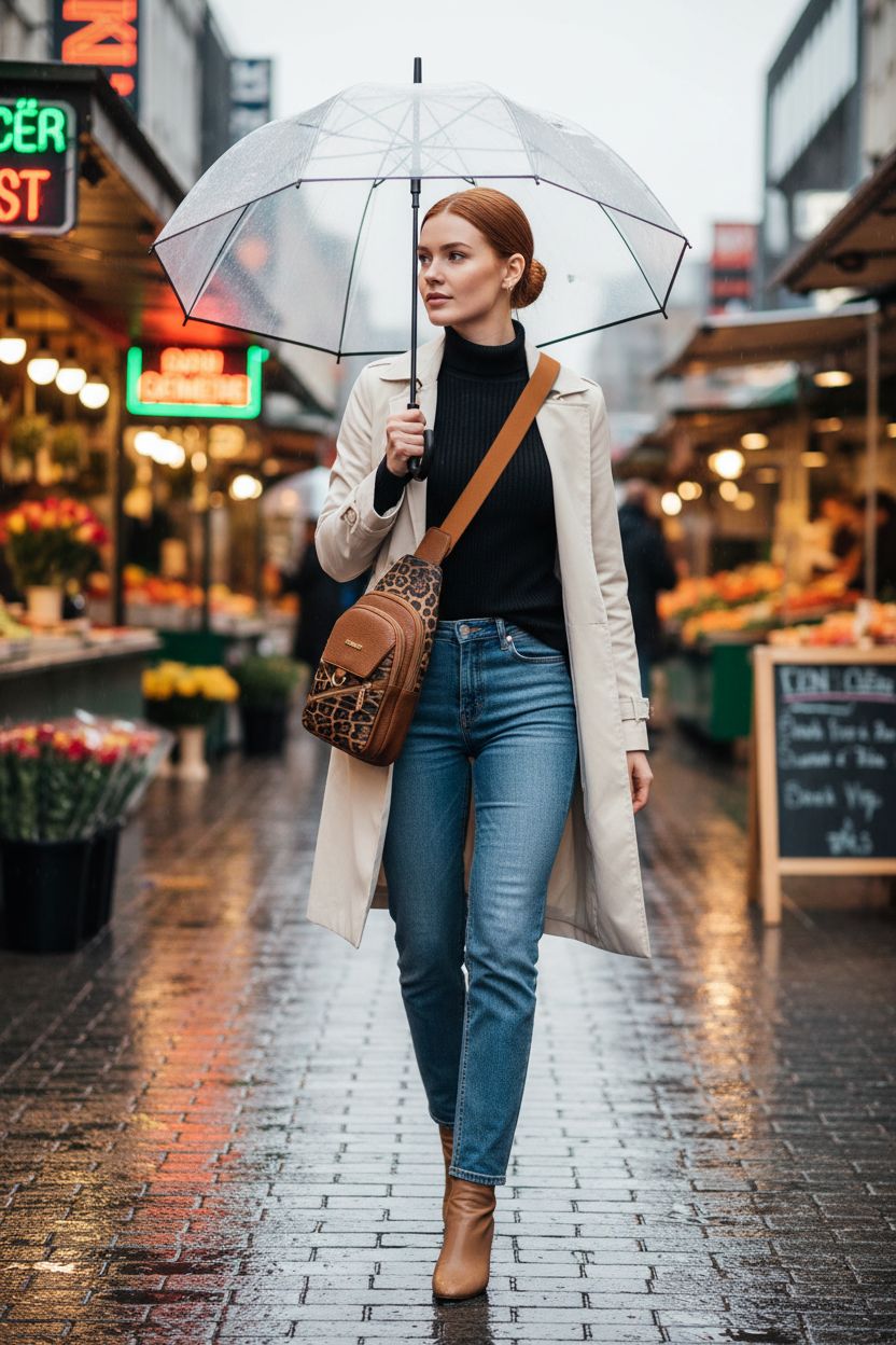 Leopard print crossbody bag by Relaxmate in a rainy market with vibrant stalls around.