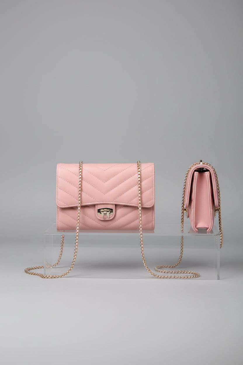 Product shot of YAZEKOUS light pink purse on an acrylic riser, highlighting quilting and polished hardware.