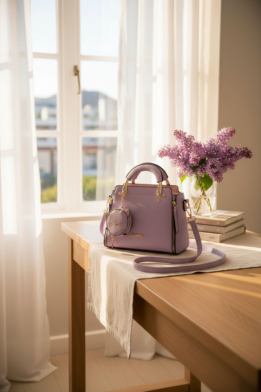 Elegant light purple purse by Xiaoyu adorned on a console with lilac and art books, illuminating its beauty.