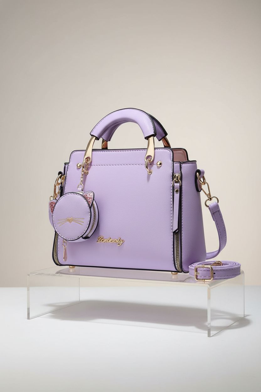 Xiaoyu light purple purse displayed on a minimal riser, highlighting its quality and craftsmanship.