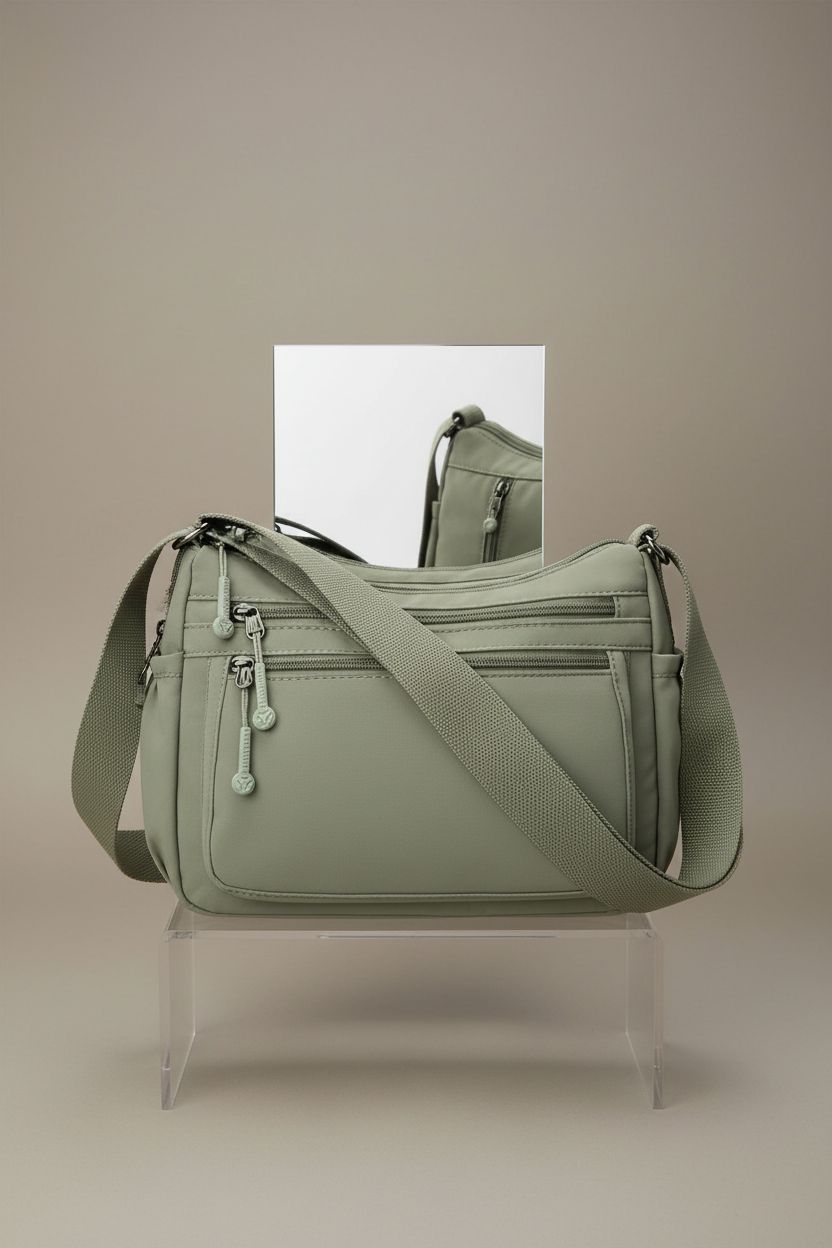 Studio shot of the Pealwel lightweight handbag highlighting its anti-theft zipper and durable nylon weave.