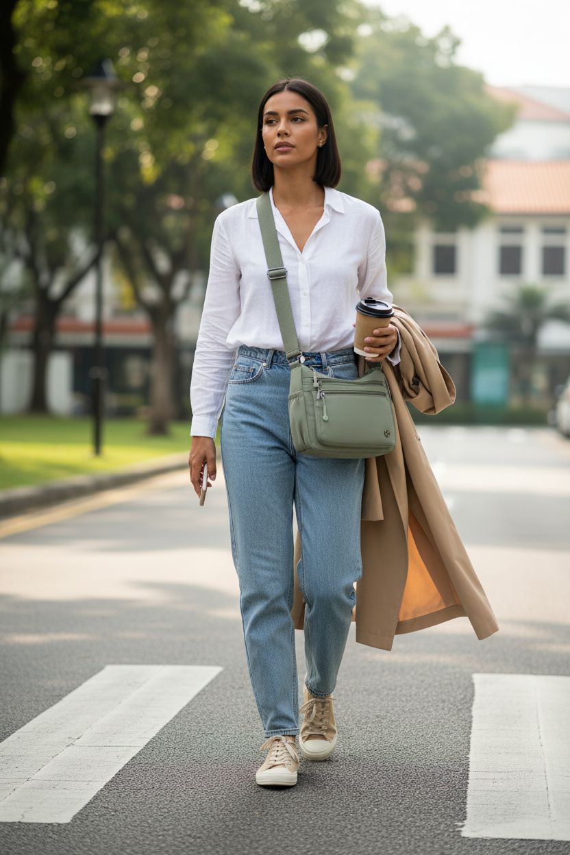 Light green Pealwel crossbody bag worn hands-free in a sunny park setting, showcasing lightweight design.