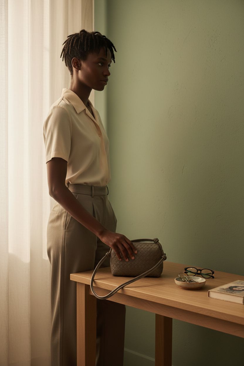 Sumrains vegan leather purse placed on a console with reading glasses and a book.