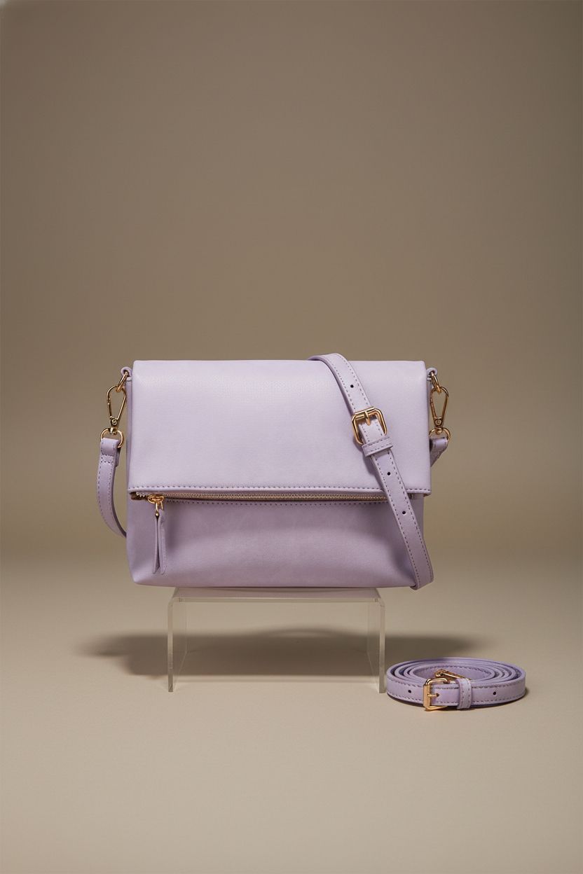 Gladdon small crossbody purse in lilac displayed on acrylic riser, highlighting its quality and design.