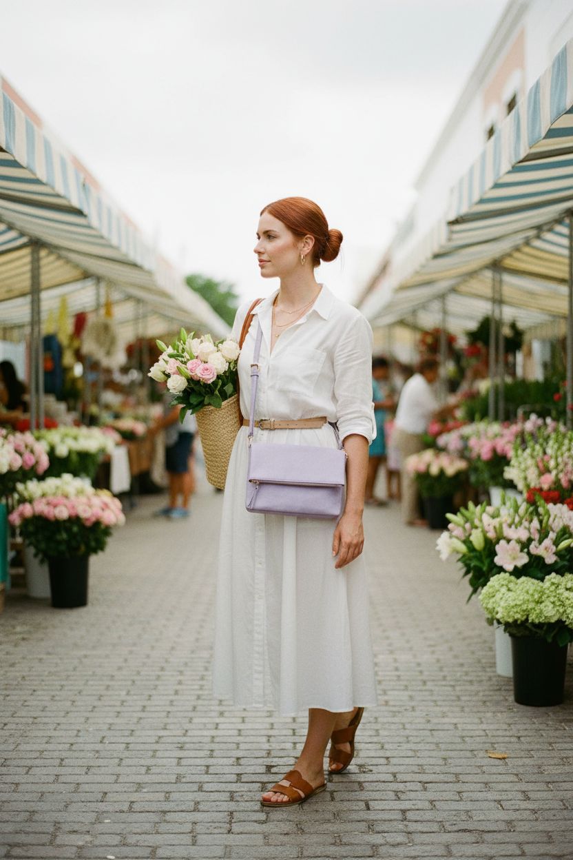 Lilac Gladdon crossbody bag paired with a white midi shirtdress at a vibrant market, ideal for spring errands.