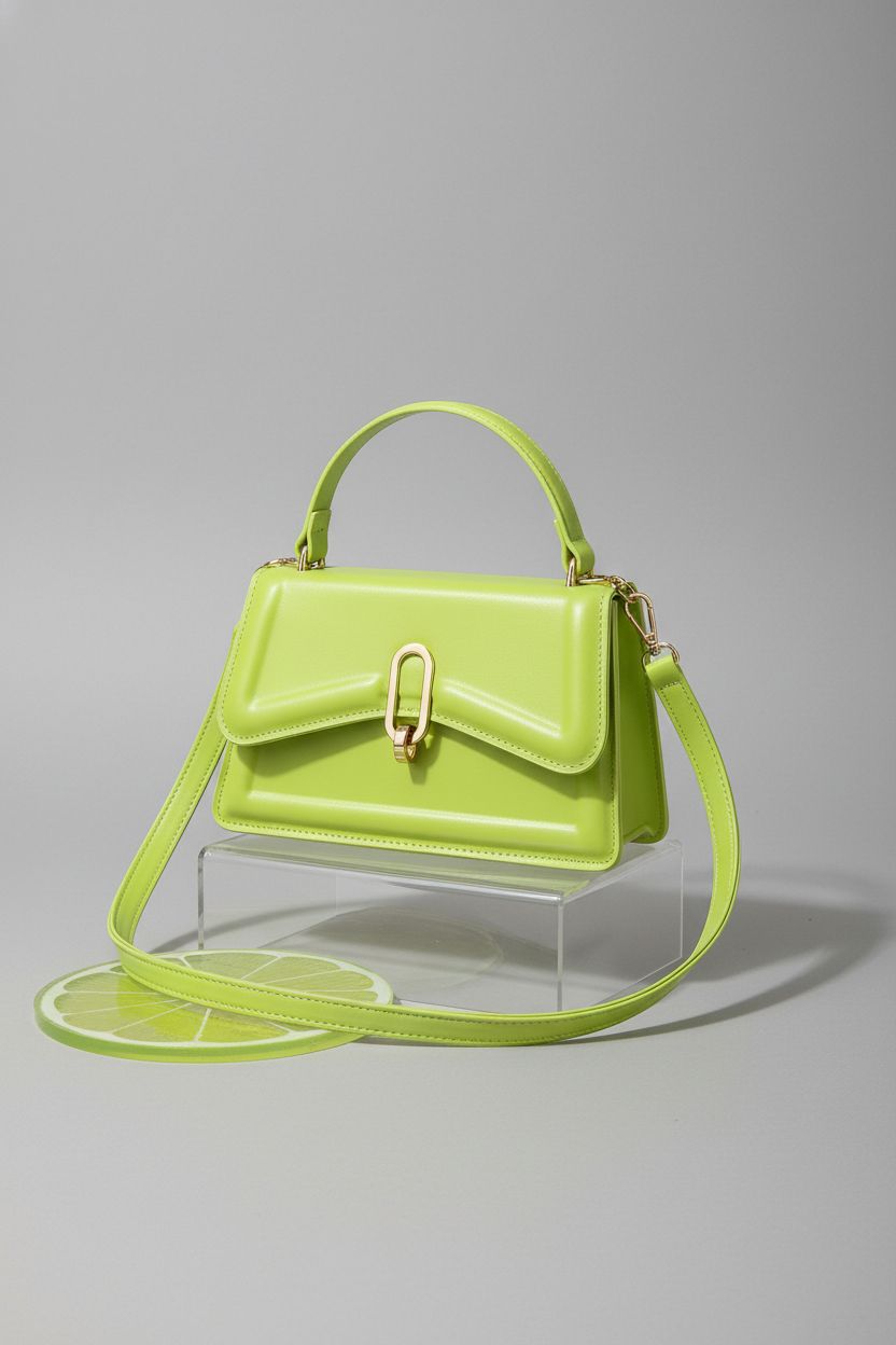 Lime green XMLiZhiGu purse displayed elegantly on a studio set, highlighting its features.