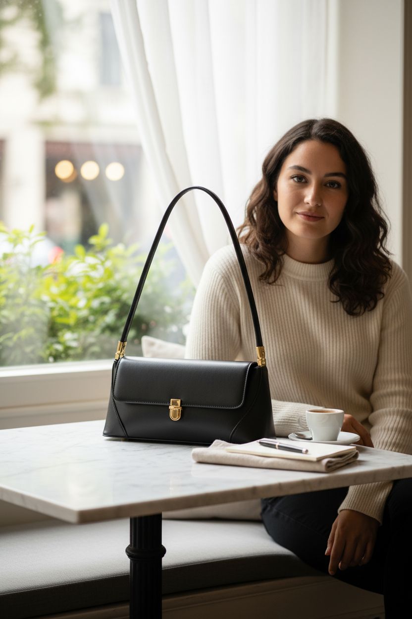 Vintage WSRYDJDL little black bag beside espresso in a sunlit café