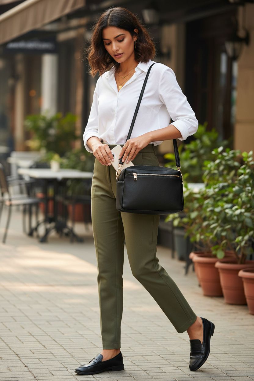 FashionPuzzle black crossbody bag with long strap, perfect for on-the-go moments at a cafe.