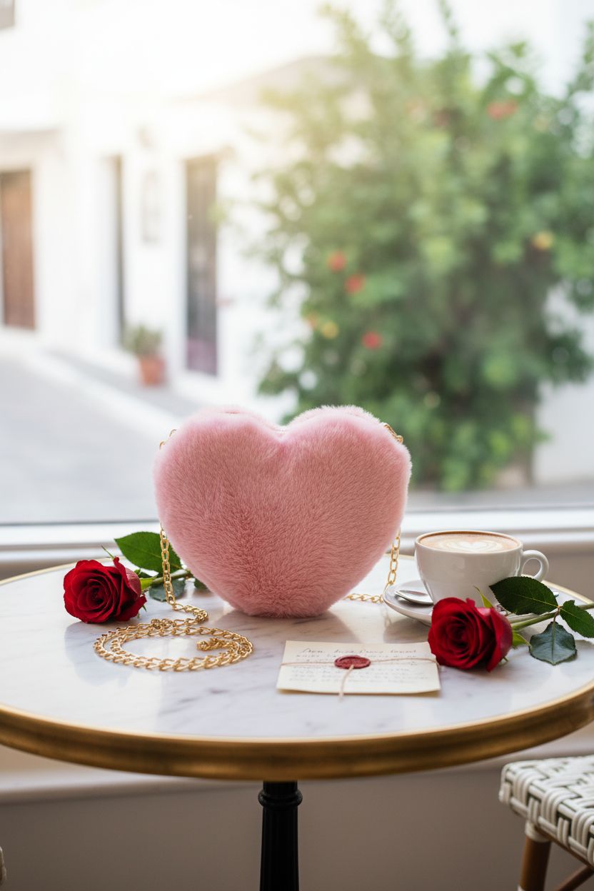 Miayon pink heart purse on marble table with cappuccino and love note.
