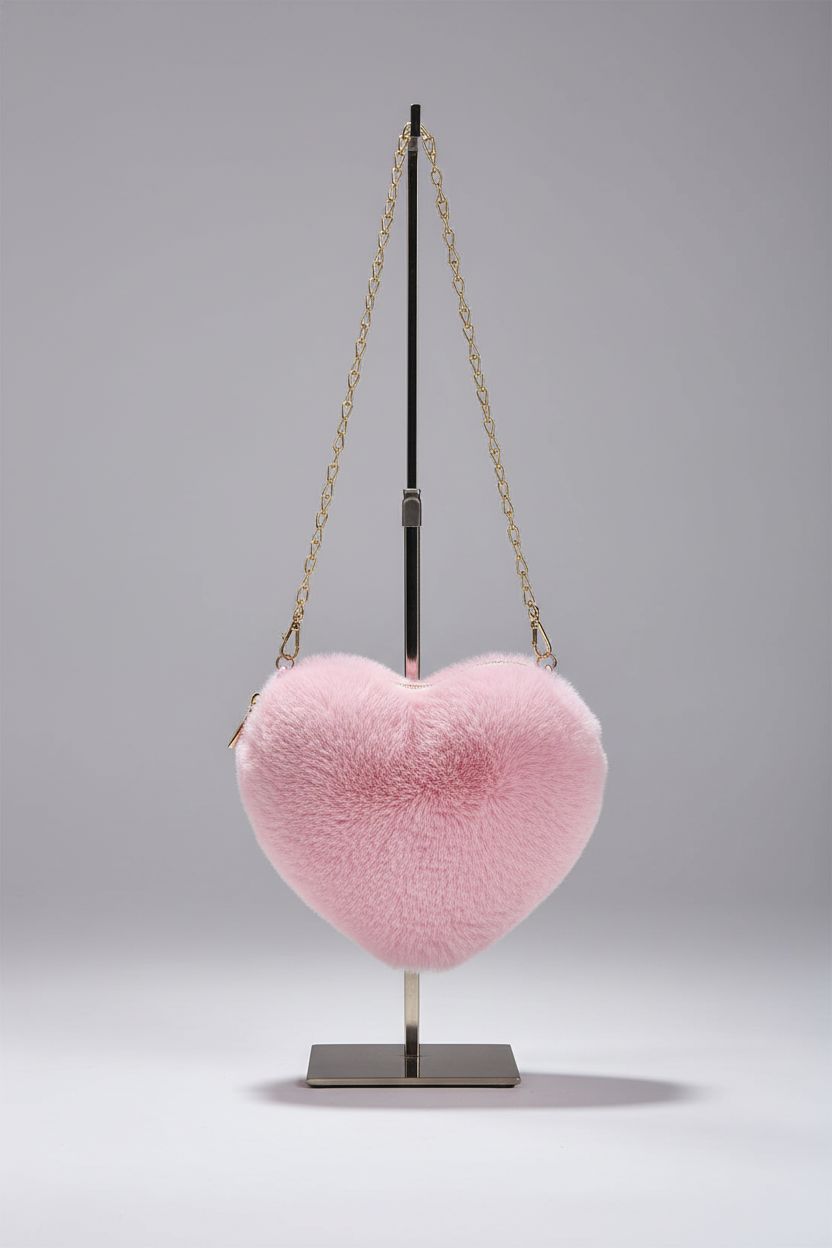 Miayon heart-shaped pink faux fur purse displayed on a minimalist studio backdrop.
