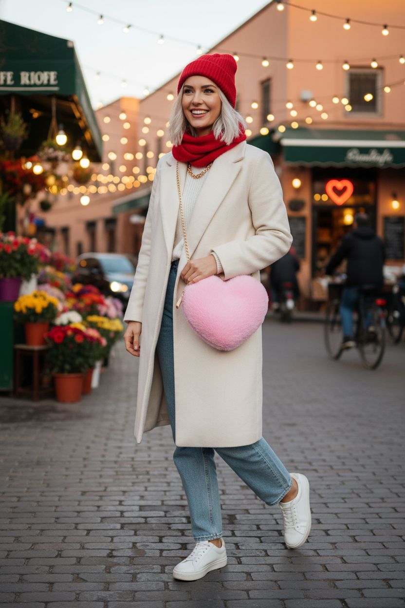 Miayon heart-shaped pink faux fur purse worn crossbody on a cozy cobblestone street.